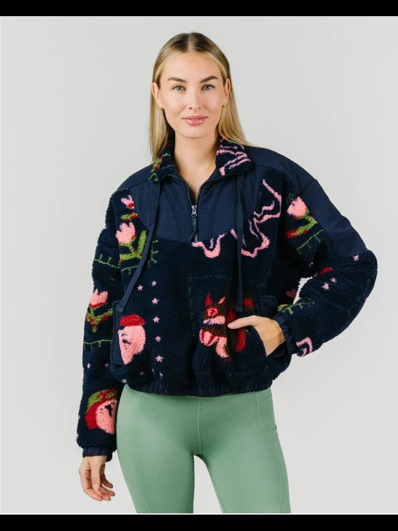Zyia Navy Teddy Jacket With Pink & Green Floral Details